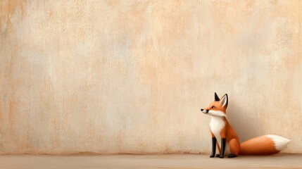 Minimalist painting featuring a fox sitting calmly against a soft beige background with subtle textures conveying an essence of chaos