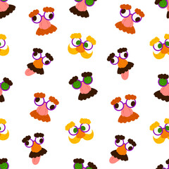 Fototapeta premium Fake nose glasses vector seamless pattern. Bright background for April Fool's Day. Traditional disguise glasses backdrop for Joke Day isolated on white for wrapping, textile, print, web
