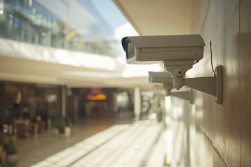 Security cameras mounted on a wall inside a modern shopping mall.