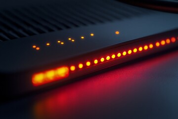 Close-up of a network device with illuminated indicator lights.