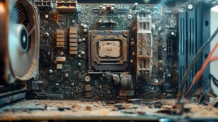 computer hardware, circuit board, CPU socket, electronic components, macro photography, intricate details, metallic textures, cooling fan, motherboard, high-tech, futuristic, cyberpunk aesthetic