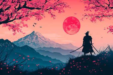 japanese samurai in nature background. Japanese culture and tradition.
