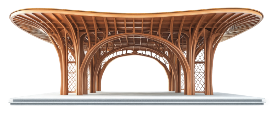 Innovative wooden architecture modern design model studio aerial view isolated on transparent background