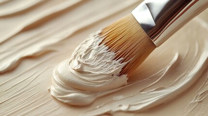 Makeup brush applying foundation cream on skin tone background