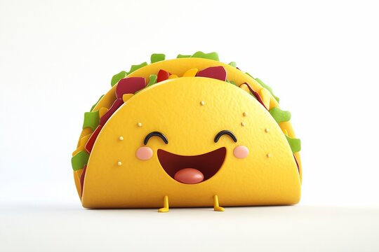 Happy cartoon taco with fillings, smiling and standing.