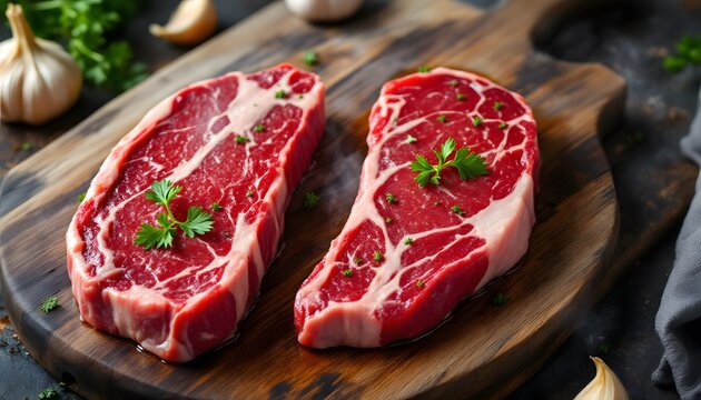 Raw Steak Ready to Cook on Wooden Board with Garlic