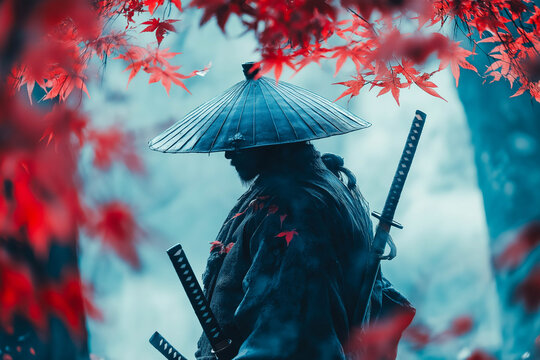 japanese samurai in nature background. Japanese culture and tradition.