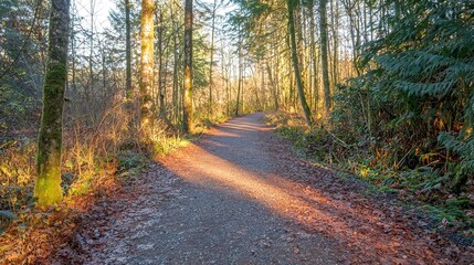 Fototapeta premium Sunlit pathway through a winter forest.