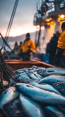 On the deck of a fishing trawler at dusk, crew members diligently sort various fish. They separate valuable catches from bycatch amidst a bustling maritime environment.