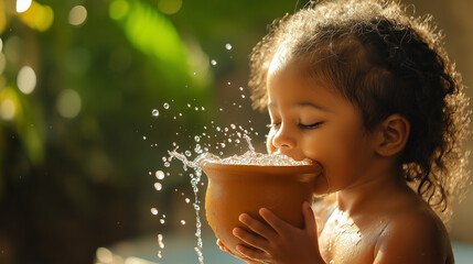 A stunning studio shot of a little boy drinking crystal clear water from a traditional clay cup, symbolizing the purity and importance of clean water