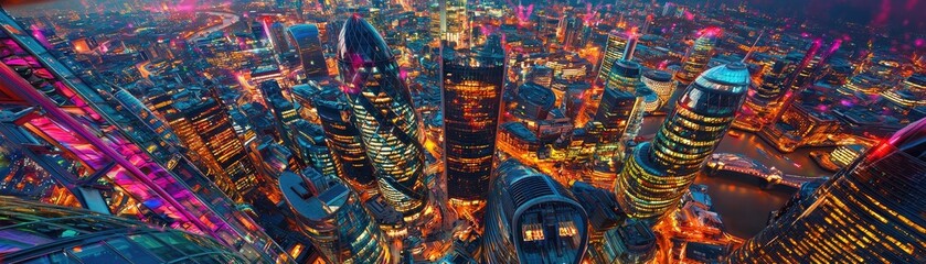 Futuristic city aerial, vibrant lights, river, night. Website banner