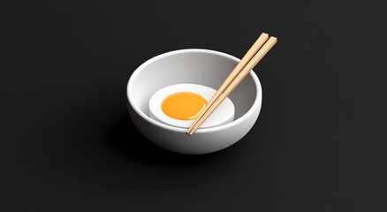 Single fried egg in a white bowl with chopsticks on a black background.