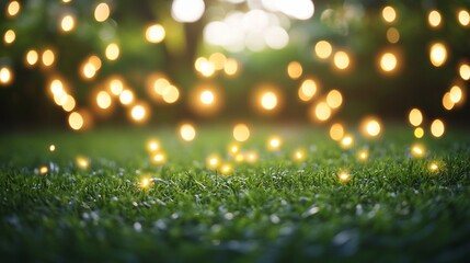 Obraz premium Magical bokeh lights illuminating lush green grass at sunset.