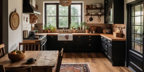 Rustic Farmhouse Kitchen With Dark Cabinets And Wood Accents
