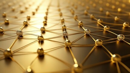 Golden network, interconnected nodes, metallic spheres, shimmering connections, abstract technology concept, complex system visualization, futuristic grid, brass-colored lattice, depth of field