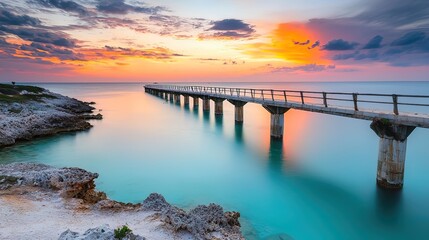 Obraz premium Tranquil pier extending into a serene turquoise bay at sunset, with vibrant colors reflecting on the calm water.