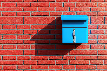 Bright blue mailbox on a red brick wall in urban setting