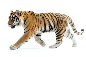 Obraz premium Majestic Bengal tiger walking in side view on white background, showing distinctive orange fur with black stripes. Isolated wildlife photo for nature designs.