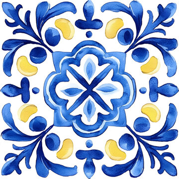 Watercolor artwork, blue and yellow azulejos tile Traditional Portuguese Mosaic