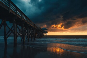 Fototapeta premium Dramatic sunrise pier scene with stormy clouds, ocean waves, and golden light reflecting on wet sand.