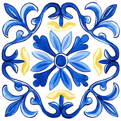 Watercolor artwork, blue and yellow azulejos tile Traditional Portuguese Mosaic