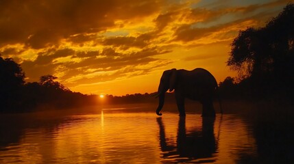 Majestic elephant silhouetted against a vibrant sunset over a tranquil river.