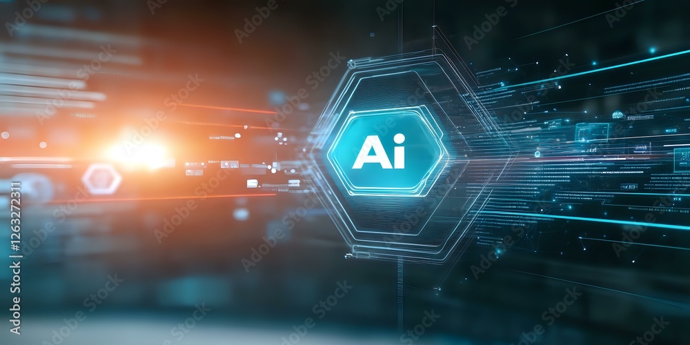 Poster futuristic artificial intelligence symbol glowing in hexagonal shape with digital network connection