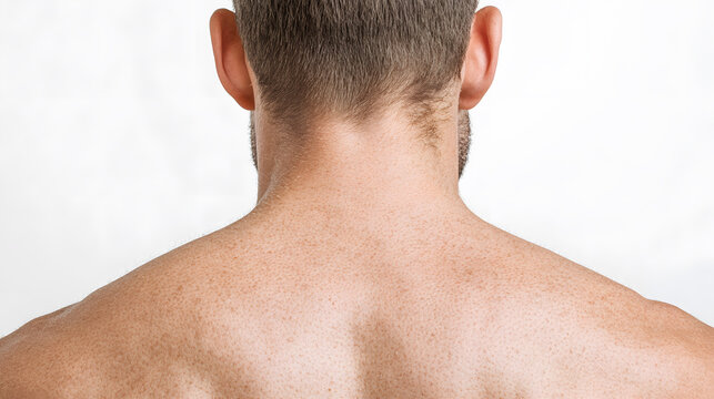 Close-up of a fair-skinned person's upper back and neck, cropped above the shoulders, displaying skin texture, hair, and musculature in soft lighting.