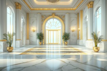 Naklejka premium luxury hotel reception hall decorated with white marble and gold