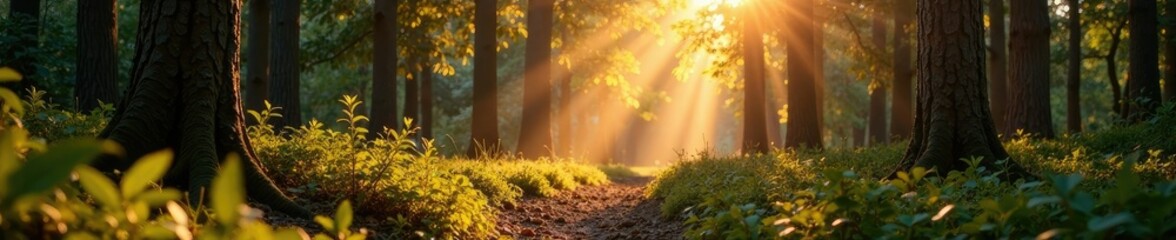 Woodland landscape with golden light on forest floor, natural light, earthy colors, warm tones