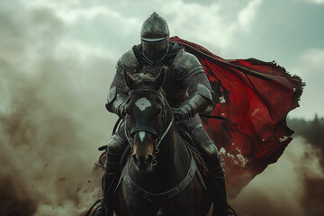 Knight in armor riding a horse on the battlefield, Fantasy medieval battle.