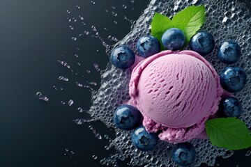 Blueberry ice cream scoop on foamy surface with fresh berries and water splashes.