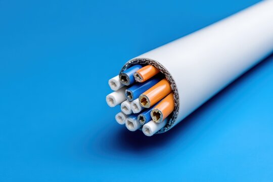White cable sheath reveals orange and blue inner wires, against a vibrant blue backdrop. - Powered by Adobe