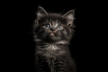 Adorable fluffy grey kitten looking up against a black background.