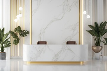 luxury hotel reception hall decorated with white marble and gold