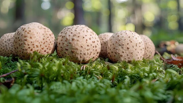 Sunlight highlighting earthball mushrooms growing on verdant moss within dense woodland environment, revealing intricate natural details