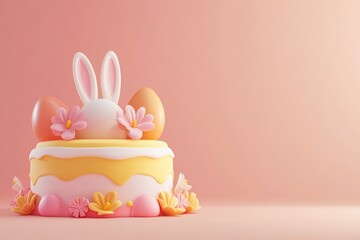 Easter bunny cake with pastel eggs and flowers on pink background.