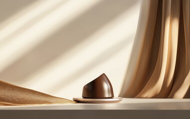 A modern minimalist chocolate bonbon, geometric and sleek, soft silver-to-gold gradient background