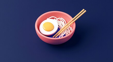 3D render of a pink bowl of noodles with a soft boiled egg and chopsticks.