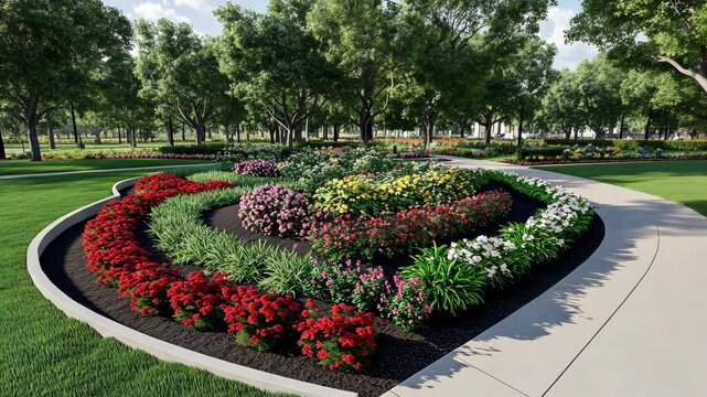 Beautifully designed garden landscape with vibrant flowers and winding pathways in a tranquil park setting
