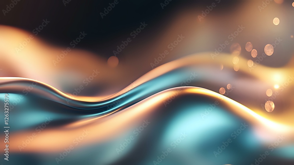 Poster flowing abstract waves in turquoise and copper colors with glowing particles and bokeh effect on dar
