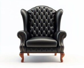 Black leather wingback armchair isolated on white background.