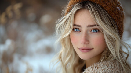 Naklejka premium Young woman with blonde hair and blue eyes is smiling for the camera