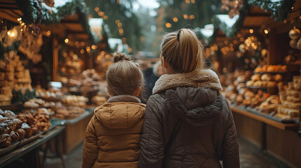 Obraz premium Mother, daughter explore Christmas market, bakery goods displayed, festive lights