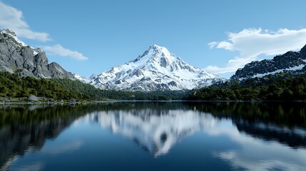 Majestic snow-capped mountain peak reflected in calm alpine lake waters, surrounded by rugged terrain and evergreen forest under bright blue sky with wispy clouds.