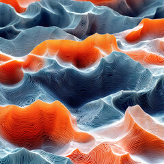 Abstract wave pattern luminous orange fractal on blue topography, microscopic electron scan photography surface detail