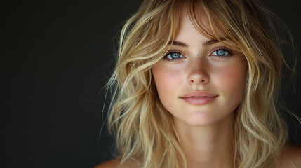 Fototapeta premium Young woman with blonde hair and blue eyes is smiling for the camera