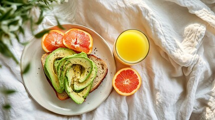 A breakfast-in-bed scene with avocado toast, a side of freshly squeezed orange juice, and a linen napkin, isolated on a soft pastel backdrop