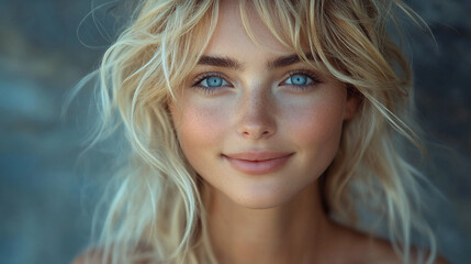 Fototapeta premium Young woman with blonde hair and blue eyes is smiling for the camera