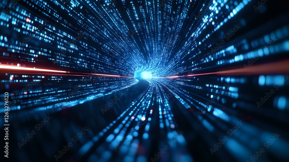Poster digital tunnel with blue light streams and data particles flowing through cyberspace, creating dynam